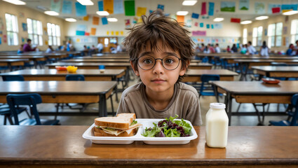 Boy with glasses eats lunch in a school cafeteria
