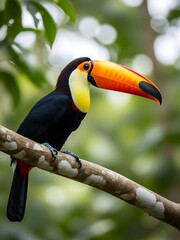 Fototapeta premium toucan on a branch, Colorful Toucan Bird Perched on Tree Branch in Tropical Rainforest