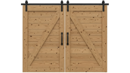 Isolated rustic knotty pine wood double barn doors with black track hardware indoor fixture