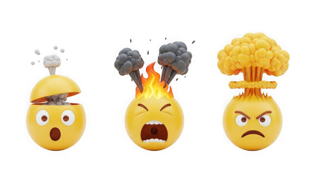 Three 3d emojis showing escalating anger and explosion on transparent background