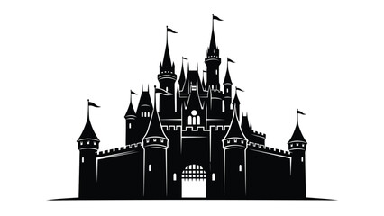 Black silhouette of a medieval castle with towers and flags on a isolated on white background