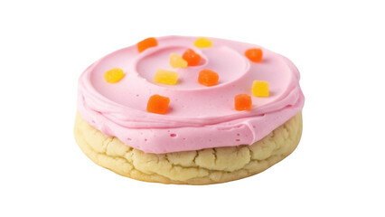 Isolated single frosted sugar cookie with candied orange and yellow fruit toppings, sweet treat