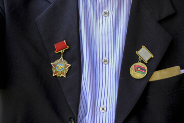 Medals on a veteran&rsquo;s jacket, Bukhara, Uzbekistan