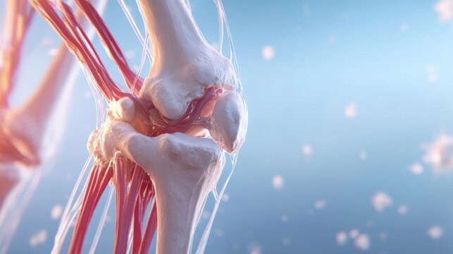 A detailed 3D medical illustration of the human knee joint showing bones, ligaments, and tendons, representing anatomy, healthcare, and biological structure.