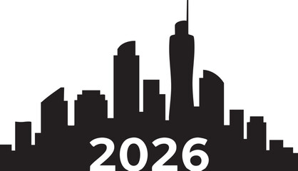 Modern City Skyline 2026 Silhouettes on White Background