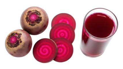 Isolated raw beetroots, beetroot slices, and a glass of beetroot juice, healthy food concept