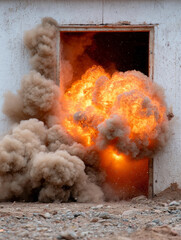 Fiery explosion with smoke billowing from a doorway.