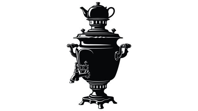 Black silhouette of a traditional Russian samovar against a isolated on white background
