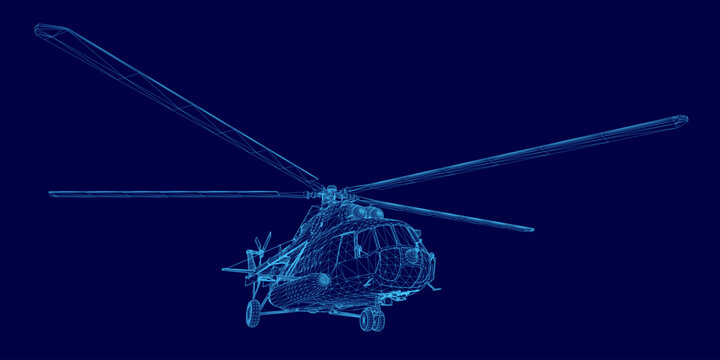 A detailed 3D wireframe model of a military helicopter floats against a solid blue background, revealing its complex internal structure and mechanical blueprint.