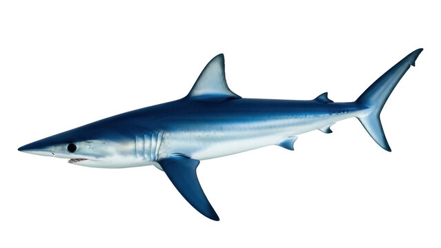Isolated mako shark swimming in sea, aquatic apex predator, blue marine animal view