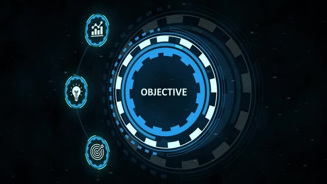 Futuristic hud element with the word objective in a glowing blue digital interface circle on a dark space background. Business, Technology, Internet and network concept.