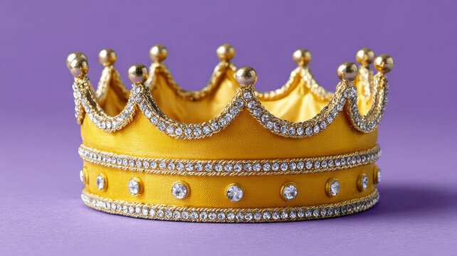Golden crown with jewels on a purple background.