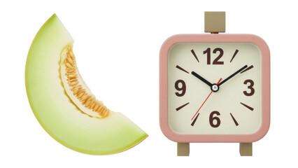 Isolated slice of cantaloupe melon and retro pastel pink alarm clock in studio shot