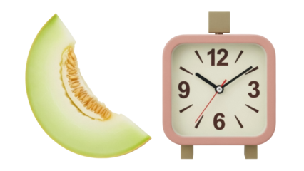 Isolated slice of cantaloupe melon and retro pastel pink alarm clock in studio shot