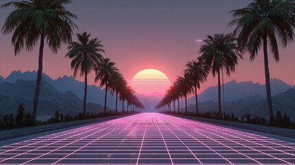 Retro road disappearing into sunset with palms and mountains
