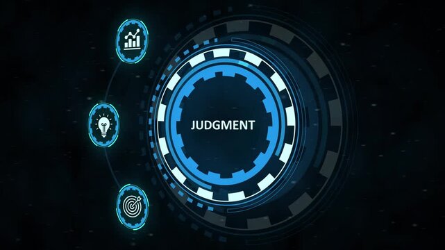 Futuristic hud element displaying the word judgment in a blue circular interface with connecting nodes on a dark, starry background. Business, Technology, Internet and network concept.