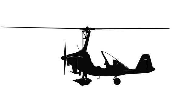 Silhouette of a gyrocopter aircraft in flight against a isolated on white background