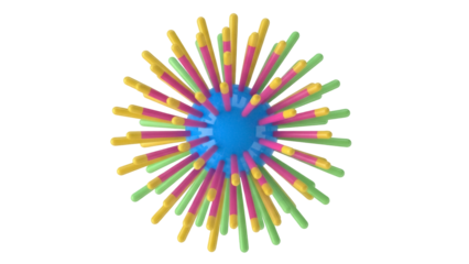 Isolated object of blue spherical core with yellow, pink and green thin spiky sticks toy