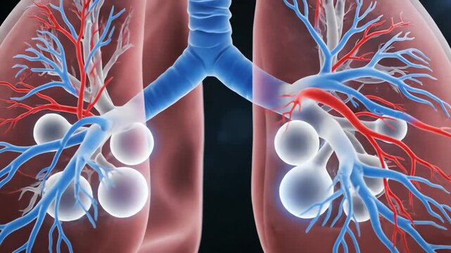 Medical animation of the human respiratory system showing the lungs trachea bronchi and alveoli