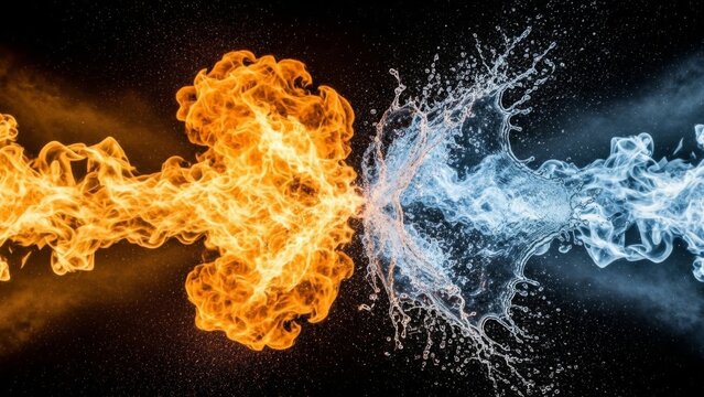 Vibrant orange fire and cool blue water collide dramatically, creating a powerful elemental contrast on a dark background.