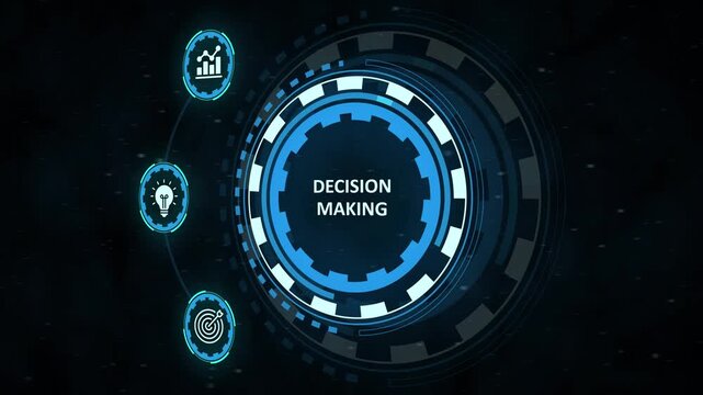 Futuristic hud element displaying the text decision making on a dark background with glowing blue circular interface elements and connecting nodes, concept for technology and strategy. 
