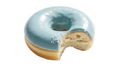 Isolated donut with blue icing and a bite taken out against plain background, confectionery