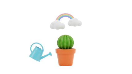 Isolated gardening composition colorful rainbow, cactus in a pot, watering can, summer vibe