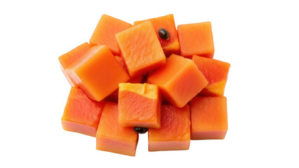 Isolated pile of diced and cubed papaya with a seed for a sweet healthy fruit salad
