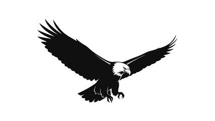 Obraz premium Black silhouette of a bald eagle in flight with outstretched wings isolated on white background