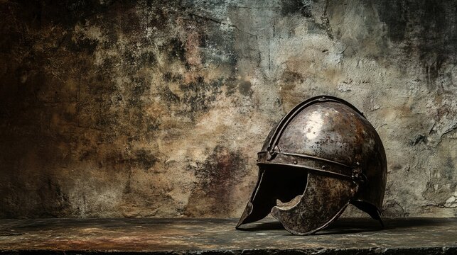 passphrase. Damaged Viking helmet with battle scars and dents, metallic texture. event programs, museum guides, designed for cultural heritage projects and event programs.