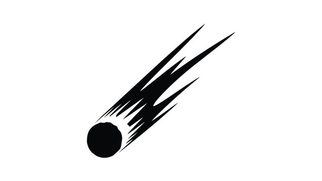 Minimalist black comet silhouette symbol flying through space isolated on white background