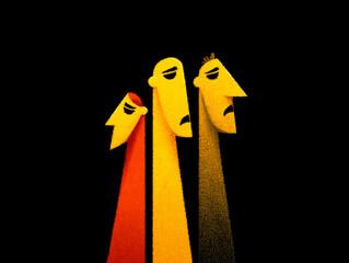 Stylized illustration of three melancholic figures