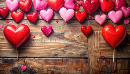 Beautiful collection of red and pink heart balloons on a rustic wooden background.