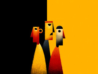 Textured abstract art of three diverse figures