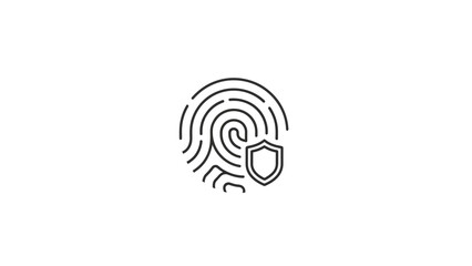Simple black line icon representing biometric security authentication with a fingerprint and protective shield symbol