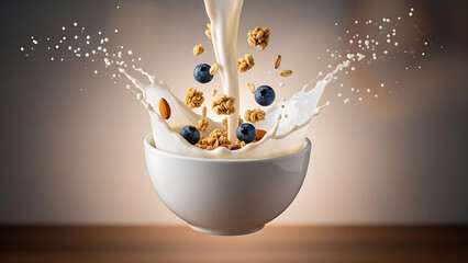 Dynamic studio shot of crunchy granola flakes and fresh blueberries falling into a white bowl, creating an energetic splash of creamy milk, symbolizing a healthy and vibrant breakfast