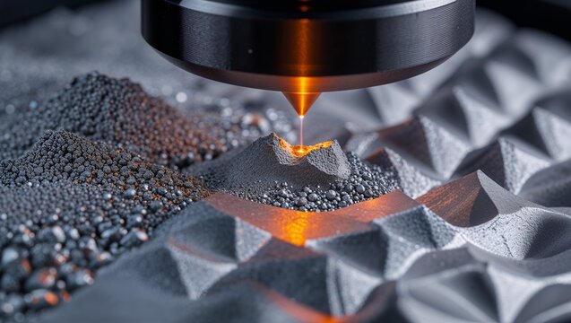 Laser powder bed fusion process with molten metal powder, macro industrial 3D render