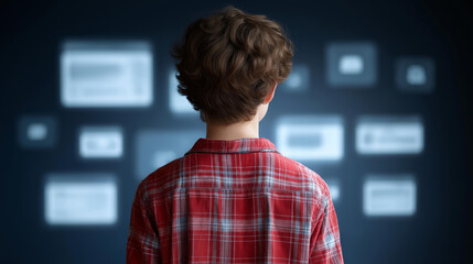 Faceless backview of young person looking at animated stream of online interfaces with social media fintech services e-commerce shopping internet influencers, visualization of data