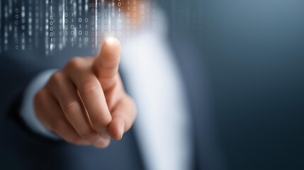 Faceless businessman using digital binary code connection network 3D rendering, data visualization interaction, cyber infrastructure engagement, digital network manipulation, defoc