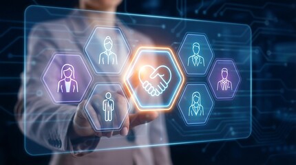 A businessman interacts with a futuristic network interface, teamwork and collaboration. business concepts, innovation, and communication.