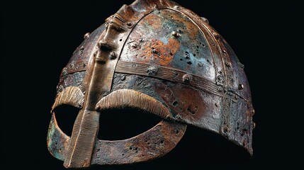 passphrase. Damaged Viking helmet with battle scars and dents, metallic texture. event programs, museum guides, designed for cultural heritage projects and event programs.