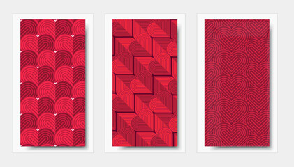 Set of 3 Luxury Red Geometric Heart Seamless Pattern Set for Valentine&rsquo;s Day Romantic Background Design. 
