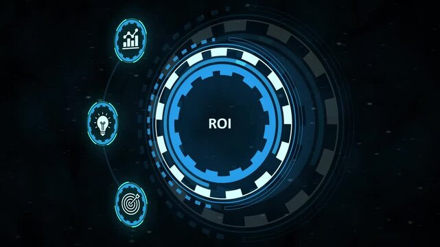 Futuristic hud element displaying roi return on investment in a digital interface with blue glowing circles and dark background. Business, Technology, Internet and network concept.