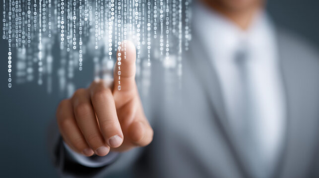Faceless businessman using digital binary code connection network 3D rendering, data visualization interaction, cyber infrastructure engagement, digital network manipulation, defoc - Powered by Adobe