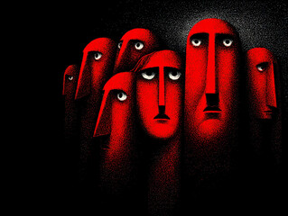 Abstract red faces in a solemn, dark crowd