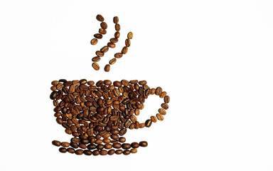 A coffee cup and steam design made from roasted coffee beans on a white background