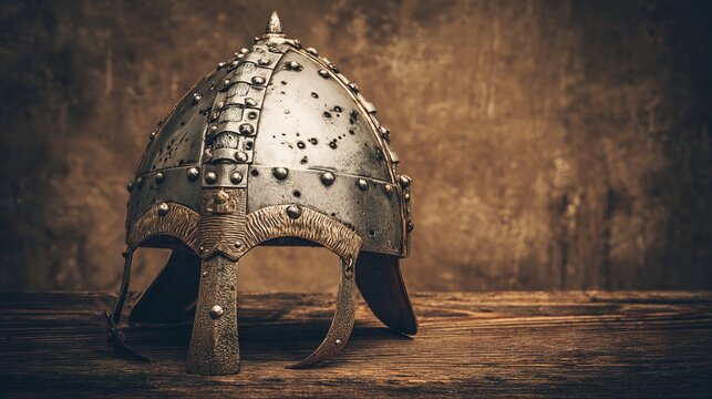 passphrase. Damaged Viking helmet with battle scars and dents, metallic texture. event programs, museum guides, designed for cultural heritage projects and event programs.