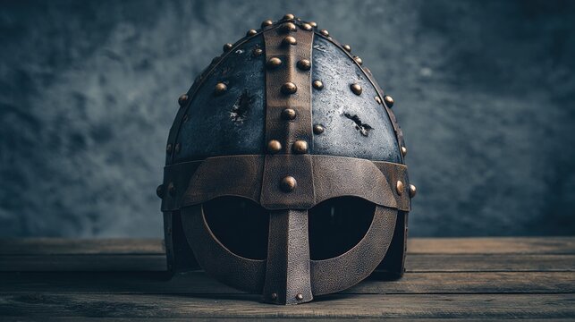 passphrase. Damaged Viking helmet with battle scars and dents, metallic texture. event programs, museum guides, designed for cultural heritage projects and event programs.