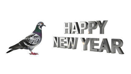 Fototapeta premium Pigeon standing beside bold silver 3d text wishing everyone a happy new year celebration greeting