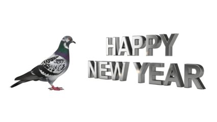 Pigeon standing beside bold silver 3d text wishing everyone a happy new year celebration greeting